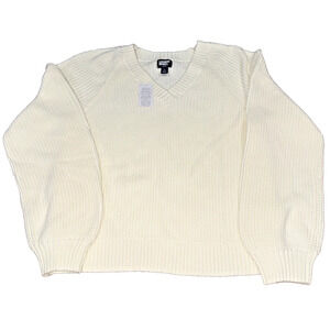 NWT Lands' End Drifter Ivory V-Neck Rib Knit Sweater Women's Small Cotton